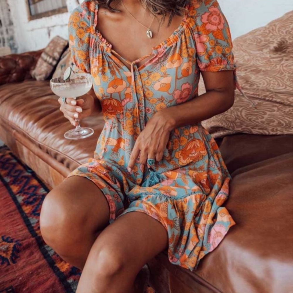 Boho Orange Gypsy Retro Floral Babydoll Dress - Picture 2 of 4